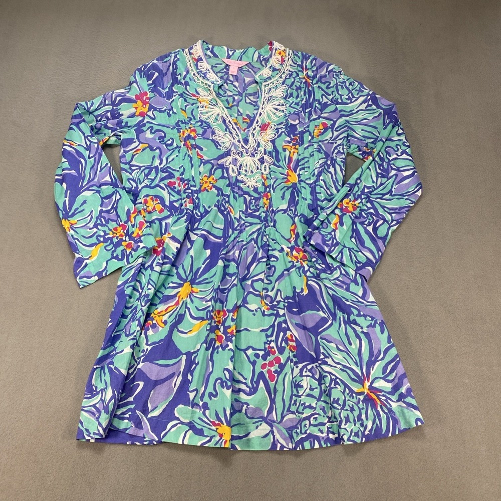 Lilly Pulitzer Sarasota Tunic Women's Small Blue Iris Mai Tai Beaded Kaftan